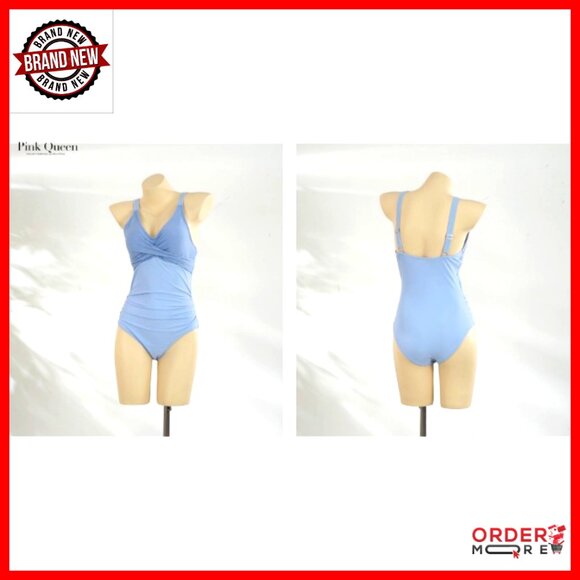 One Piece Swimsuit Patchwork Twist Front V Neck Ruched Tummy Control Swimwear - Picture 7 of 7